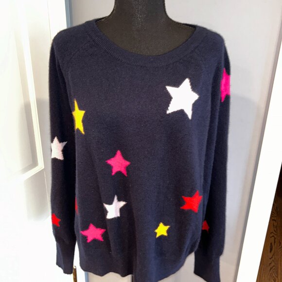 White + Warren, Dark Navy Cashmere Sweater with Stars, Ladies Size L - Picture 2 of 8